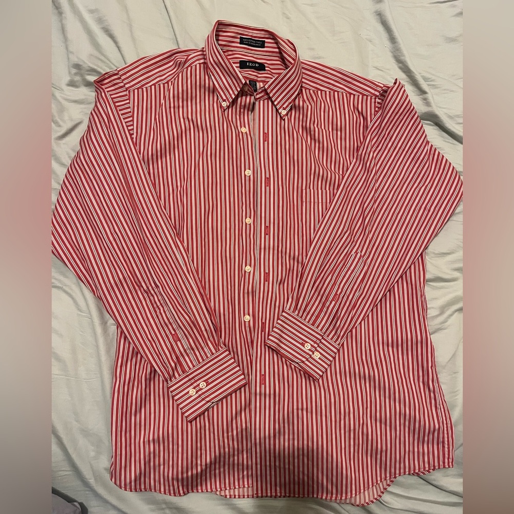 Izod Men's Red and White Striped Button Down Shirt